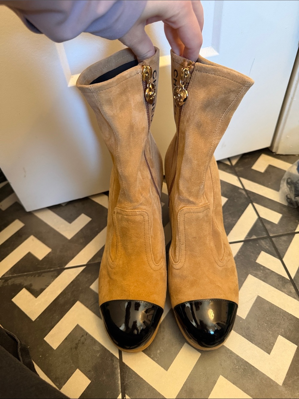 CHANEL Tan Suede Ankle Boots with Black Patent Cap Toe